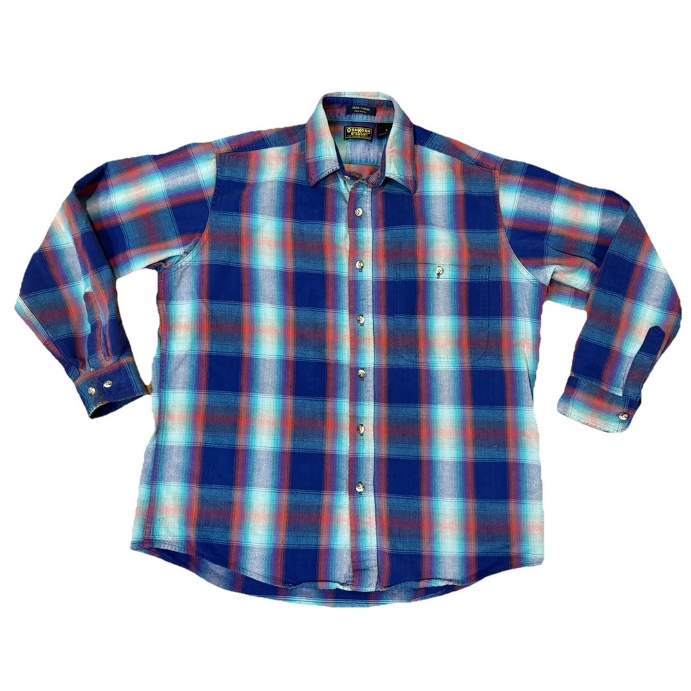 Vintage 80s OshKosh B'Gosh Mens Button Flannel Shirt LG Plaid Blue Red Made USA